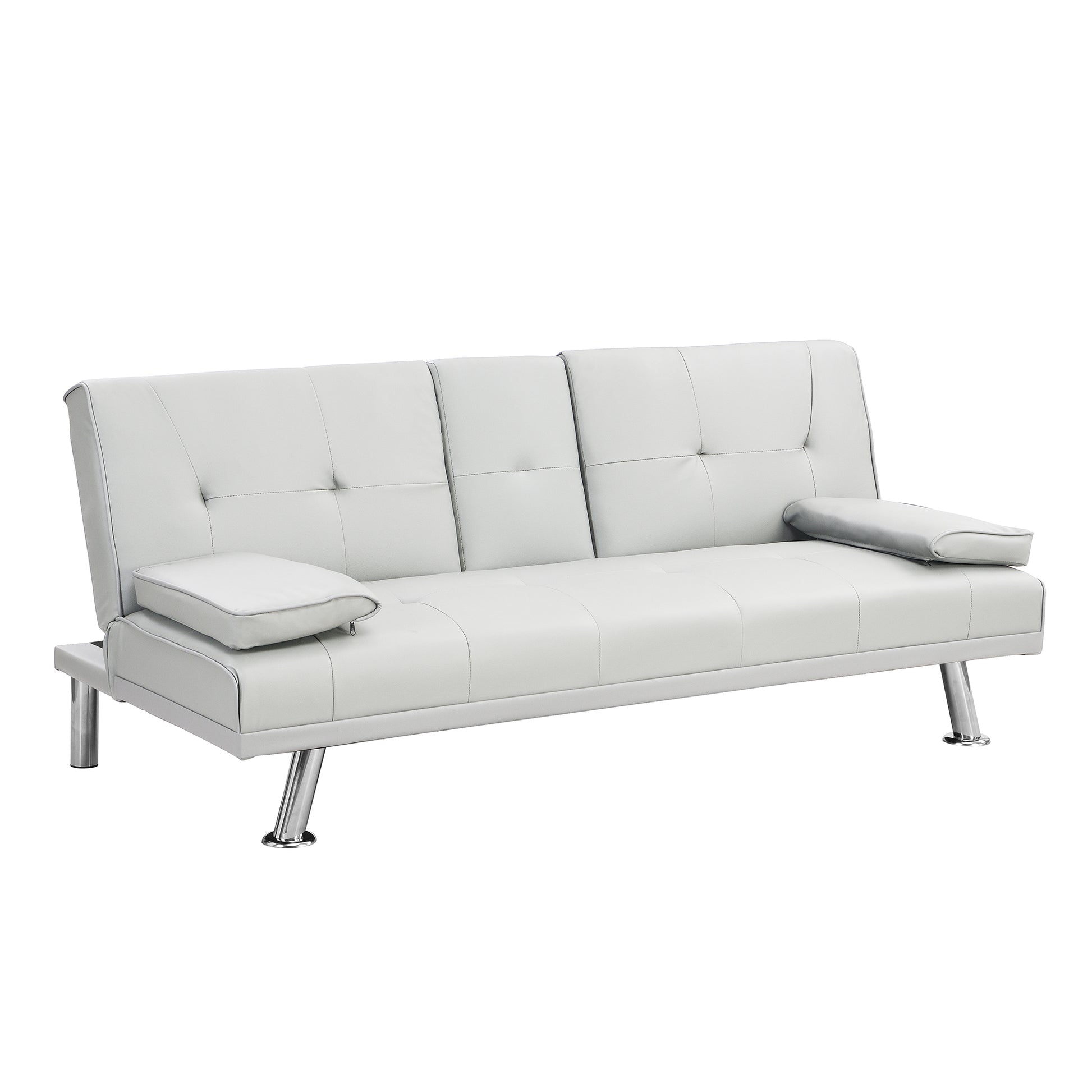 Sofa Bed With Armrest Two Holders Wood Frame, Stainless Leg, Futon White Pvc White Leather 2 Seat