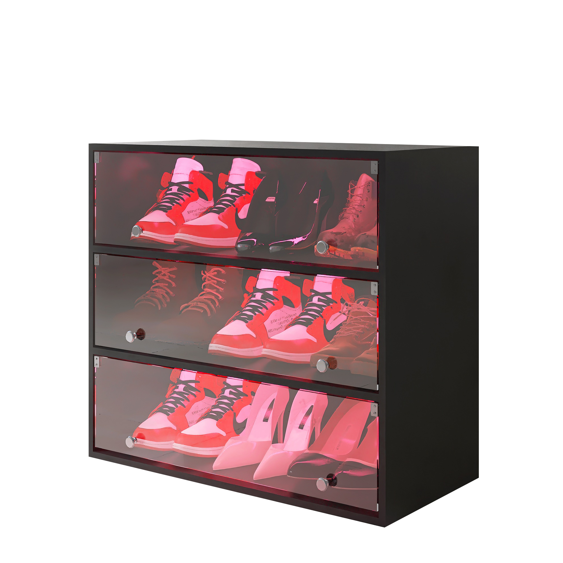 Led Light Shoe Box Three Layers With Glass Doors Black Wood Glass