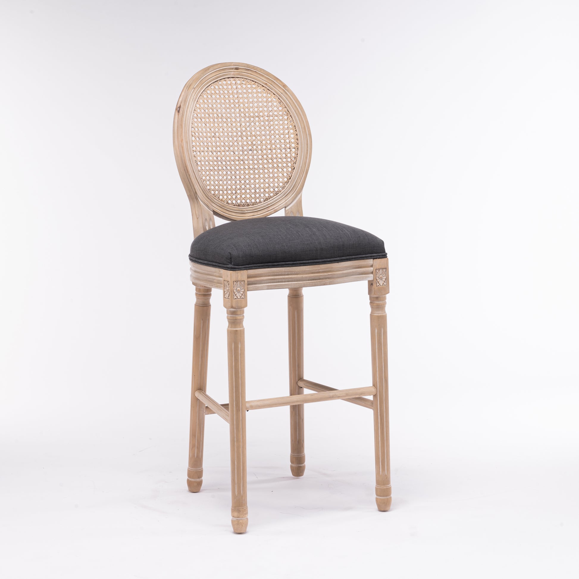 French Country Wooden Barstools Rattan Back With Upholstered Seatingdark Grey Set Of 2 Antique Dark Grey Fabric Solid Wood Mdf