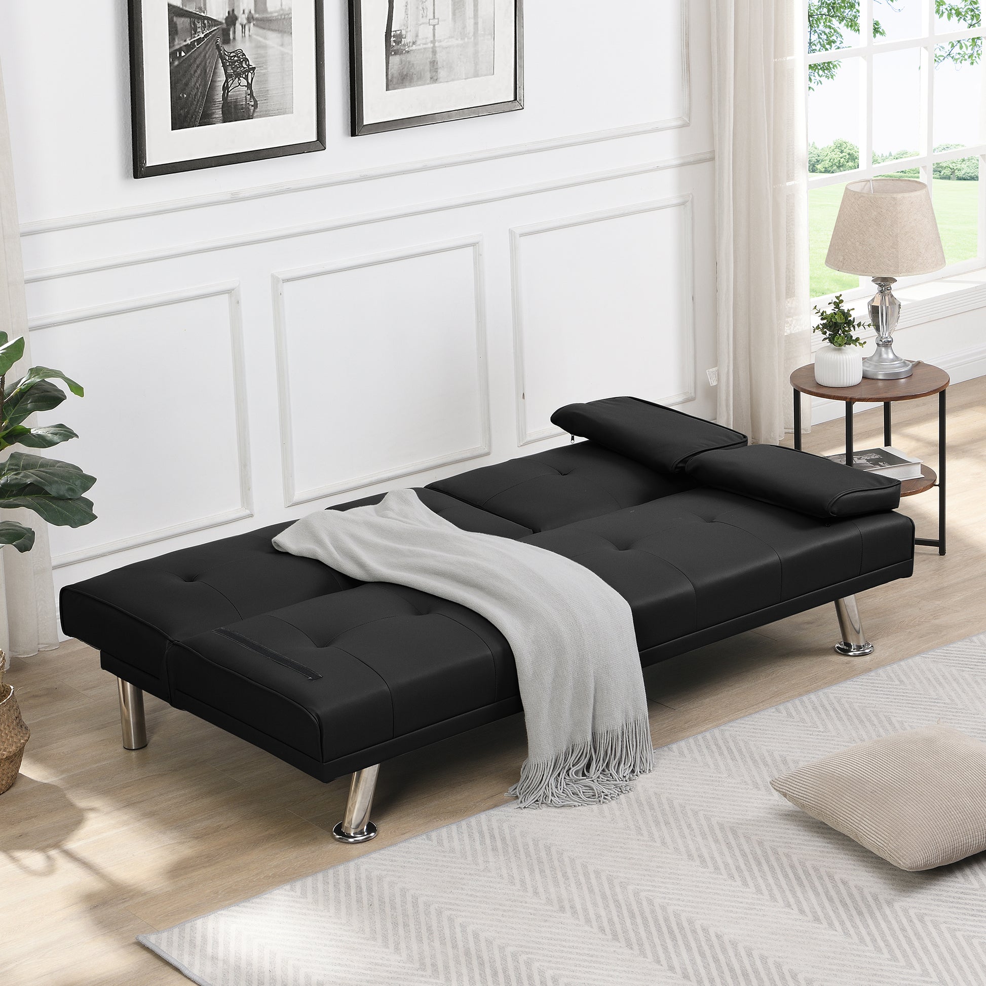 Sofa Bed With Armrest Two Holders Wood Frame, Stainless Leg, Futon Black Pvc Black Leather