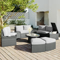 10 Piece Outdoor Sectional Half Round Patio Rattan Sofa Set, Pe Wicker Conversation Furniture Set Combination, Light Gray Yes Complete Patio Set Light Gray Water Resistant Frame Water Resistant