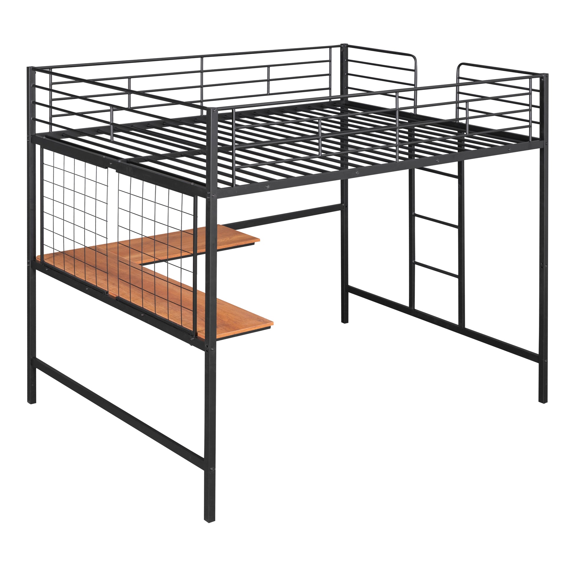 Full Metal Loft Bed With Desk And Metal Grid, Black Black Metal