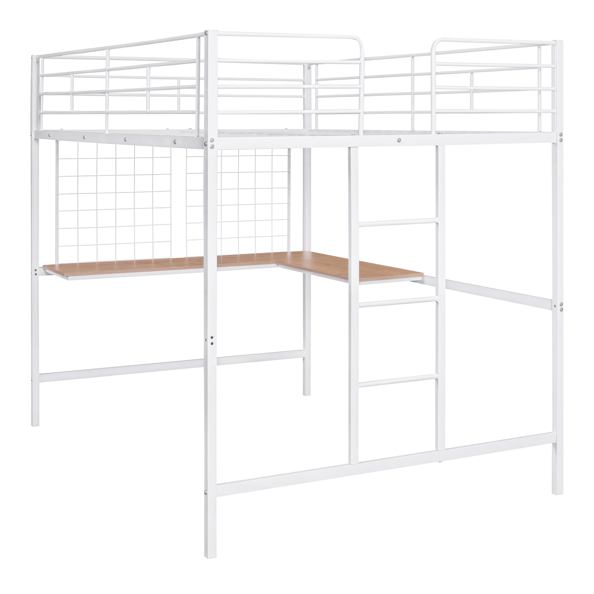 Full Metal Loft Bed With Desk And Metal Grid, White White Metal