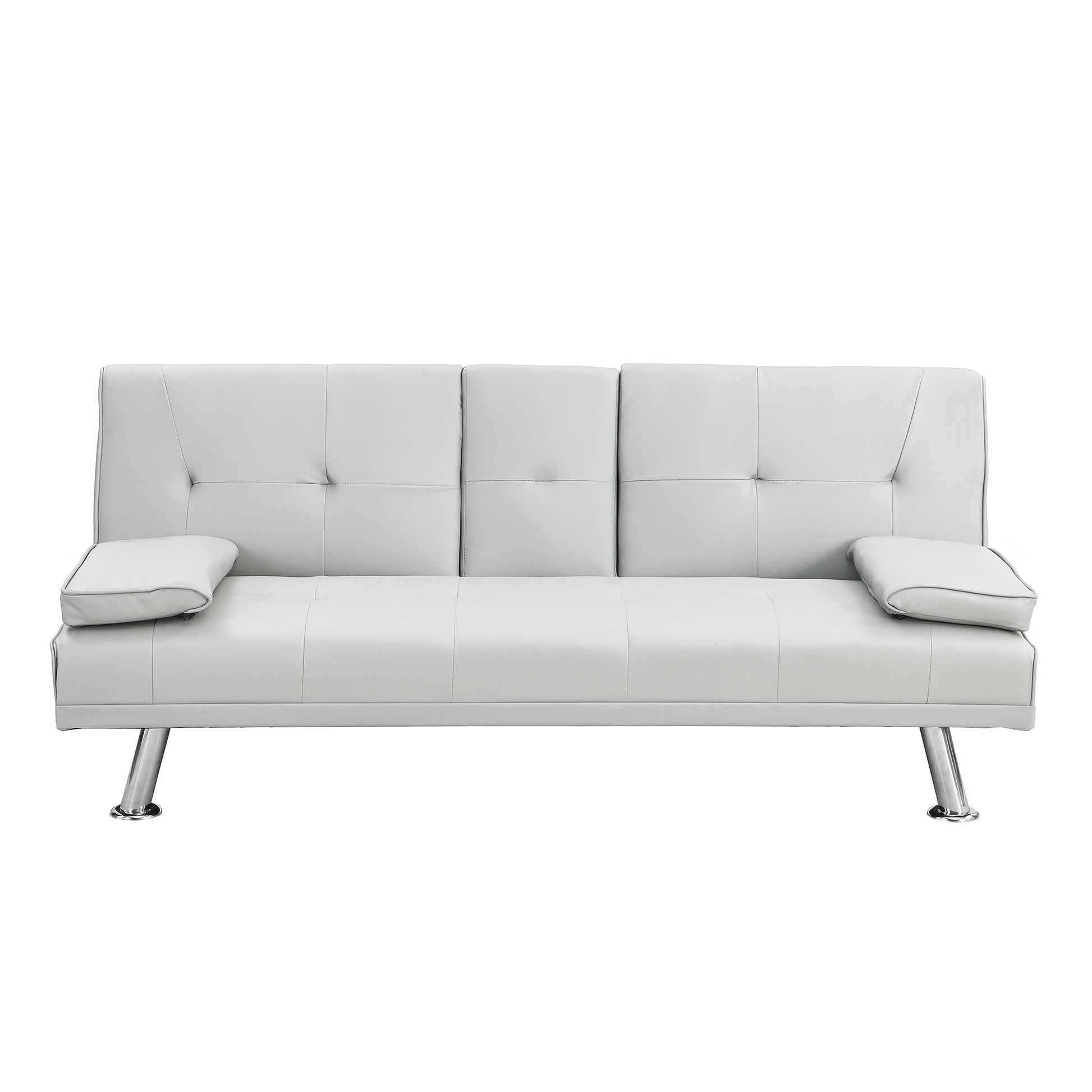 Sofa Bed With Armrest Two Holders Wood Frame, Stainless Leg, Futon White Pvc White Leather 2 Seat