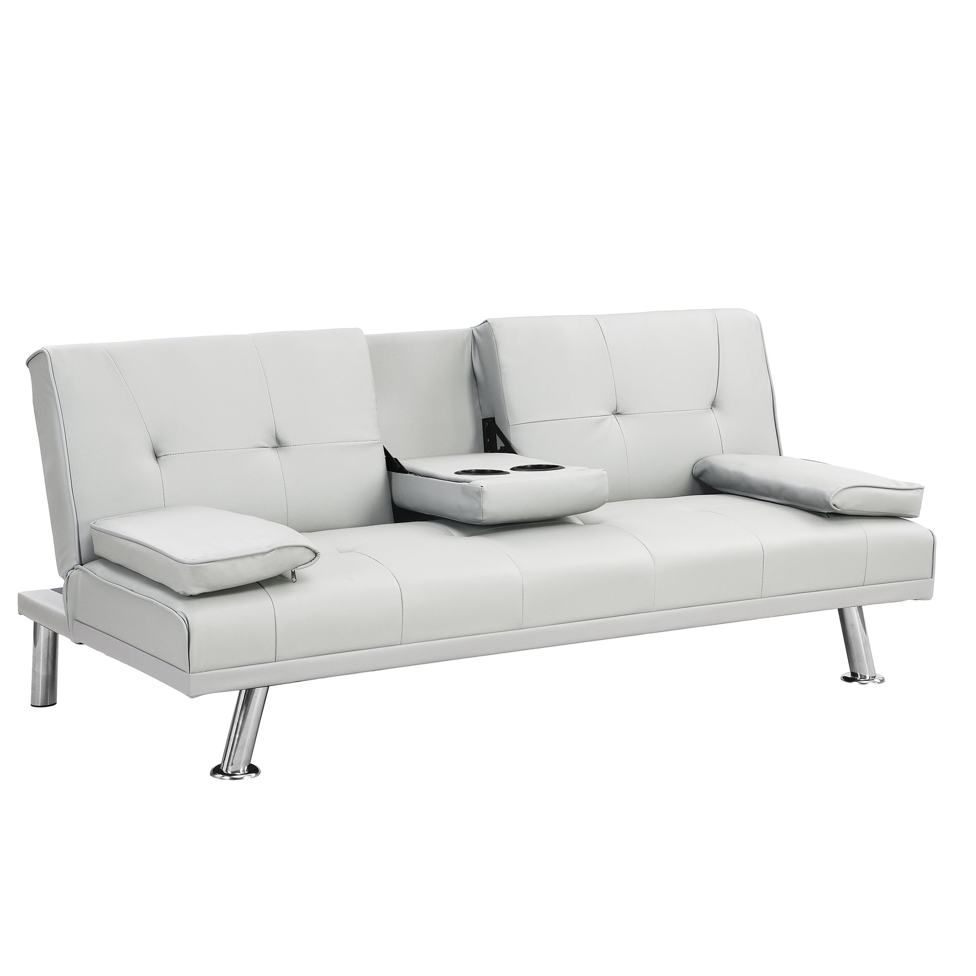 Sofa Bed With Armrest Two Holders Wood Frame, Stainless Leg, Futon White Pvc White Leather 2 Seat