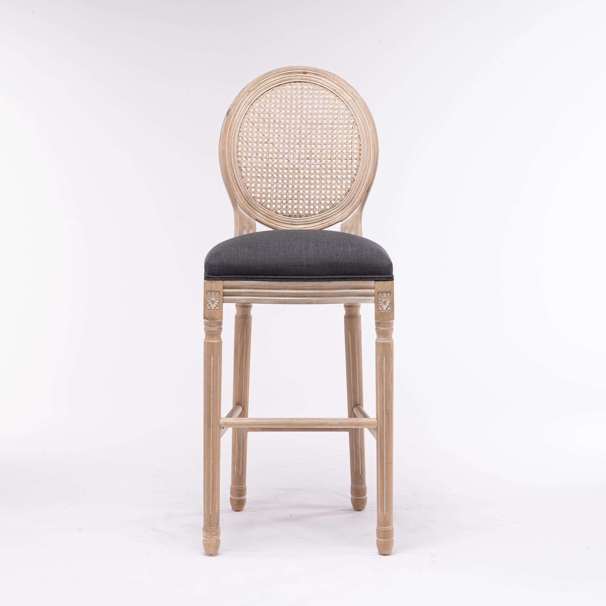 French Country Wooden Barstools Rattan Back With Upholstered Seatingdark Grey Set Of 2 Antique Dark Grey Fabric Solid Wood Mdf
