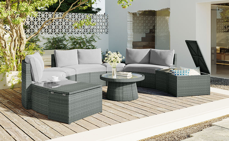 10 Piece Outdoor Sectional Half Round Patio Rattan Sofa Set, Pe Wicker Conversation Furniture Set Combination, Light Gray Yes Complete Patio Set Light Gray Water Resistant Frame Water Resistant