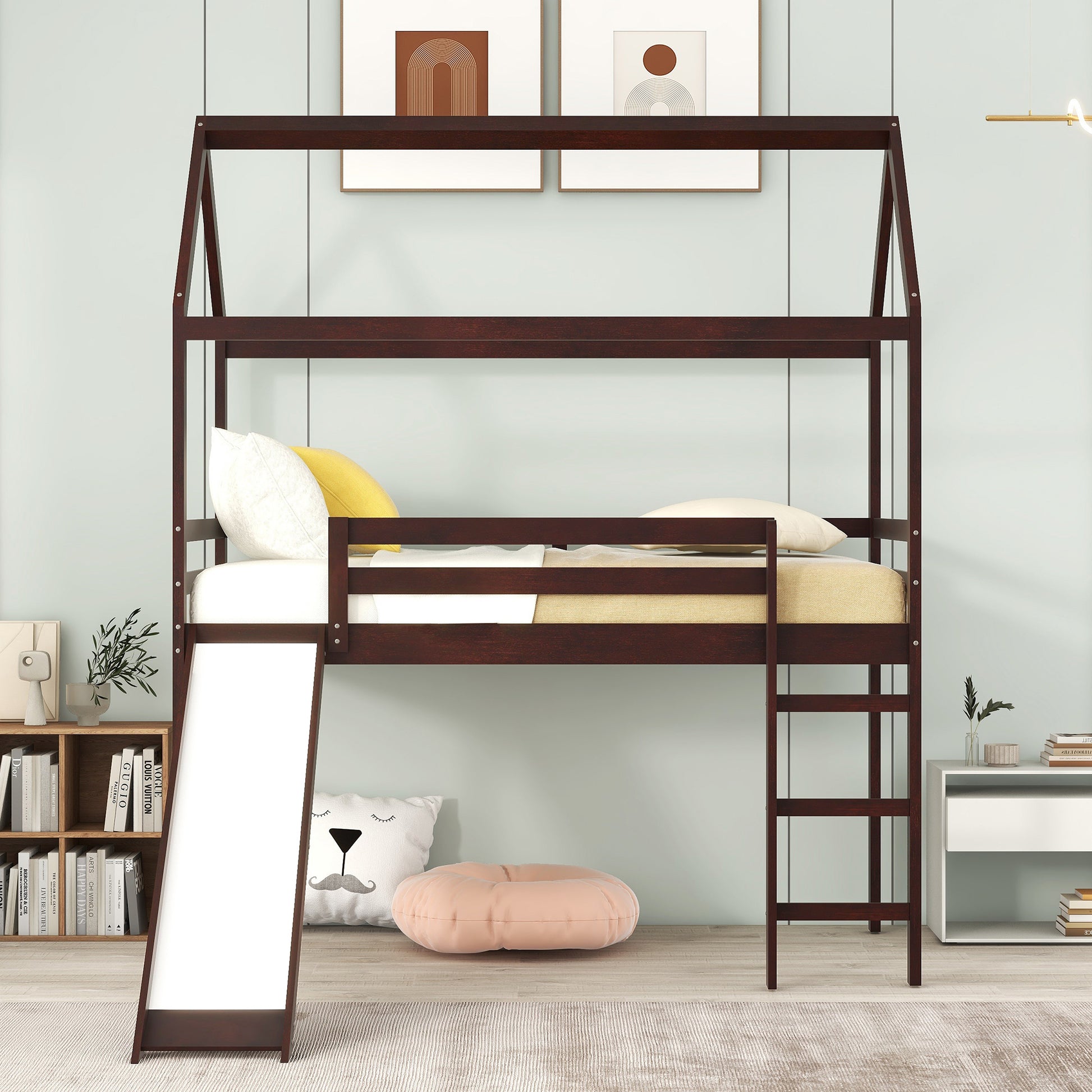 Twin Loft Bed With Slide, House Bed With Slide,Gray Old Sku :Wf286245Aap Twin Espresso Solid Wood