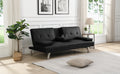 Sofa Bed With Armrest Two Holders Wood Frame, Stainless Leg, Futon Black Pvc Black Leather