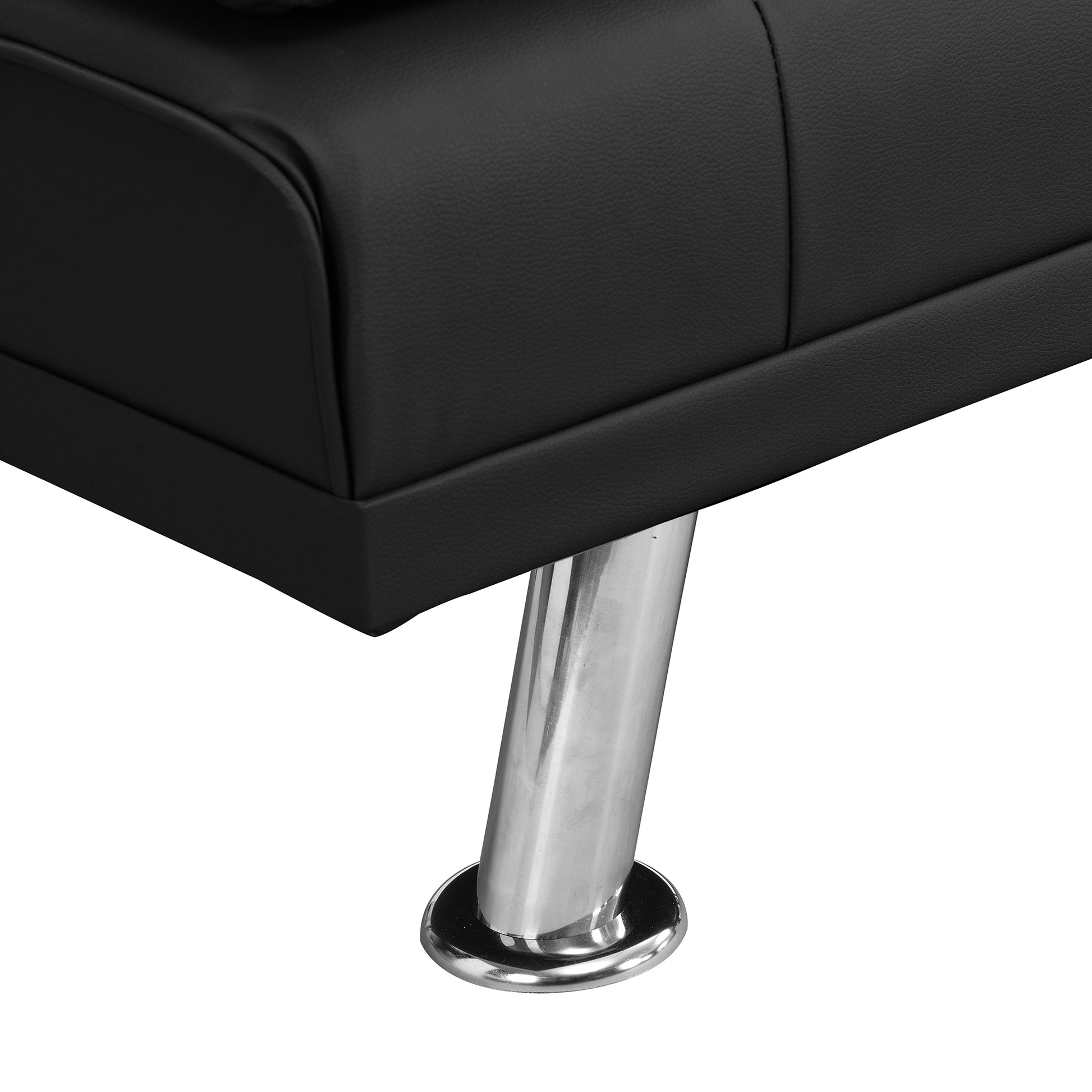 Sofa Bed With Armrest Two Holders Wood Frame, Stainless Leg, Futon Black Pvc Black Leather