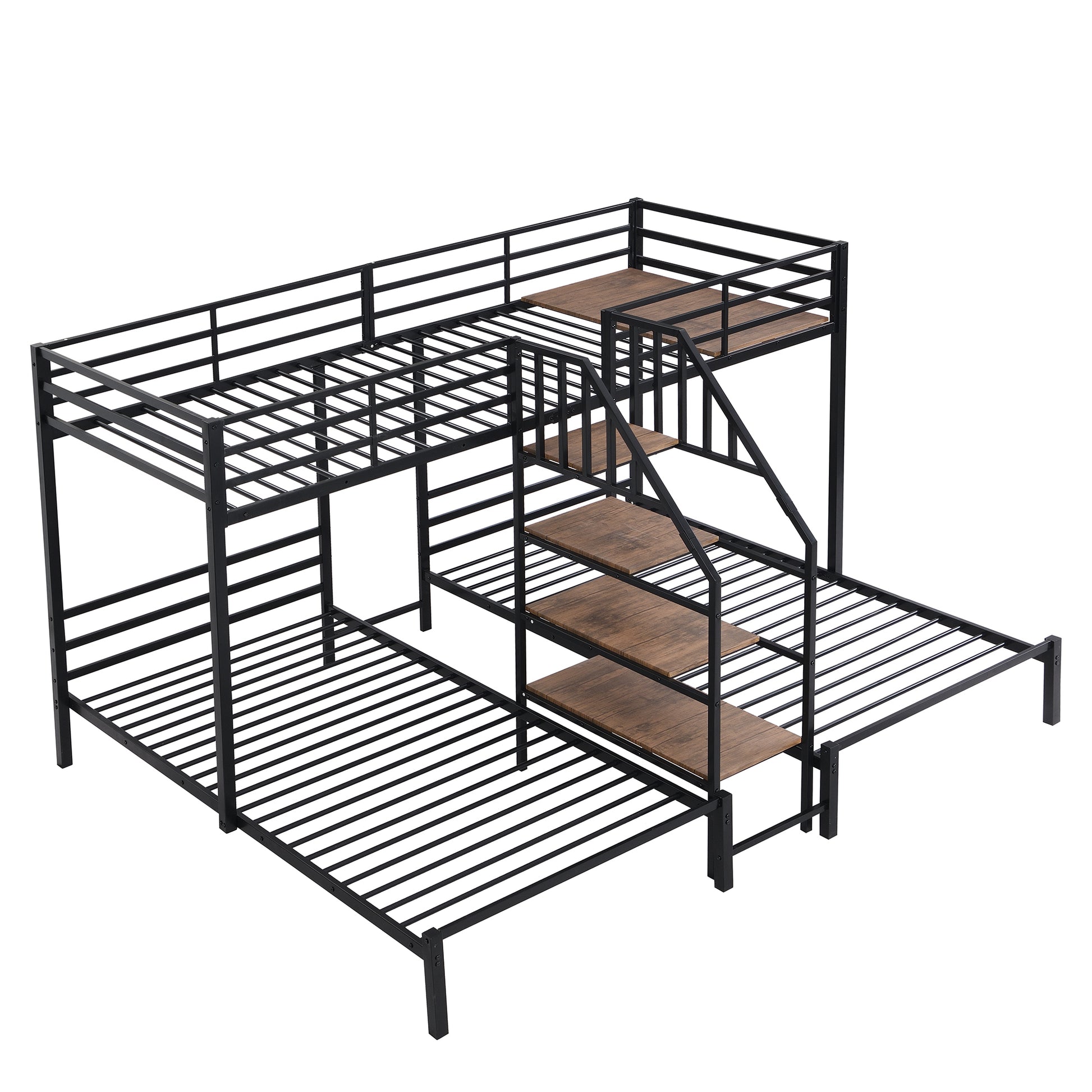 Metal Twin Over Twin & Twin Bunk Bed, Triple Bunk Bed With Storage Shelves Staircase, Black Twin Black Metal & Wood