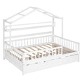 Wooden Full Size House Bed With Twin Size Trundle,Kids Bed With Shelf, White White Solid Wood