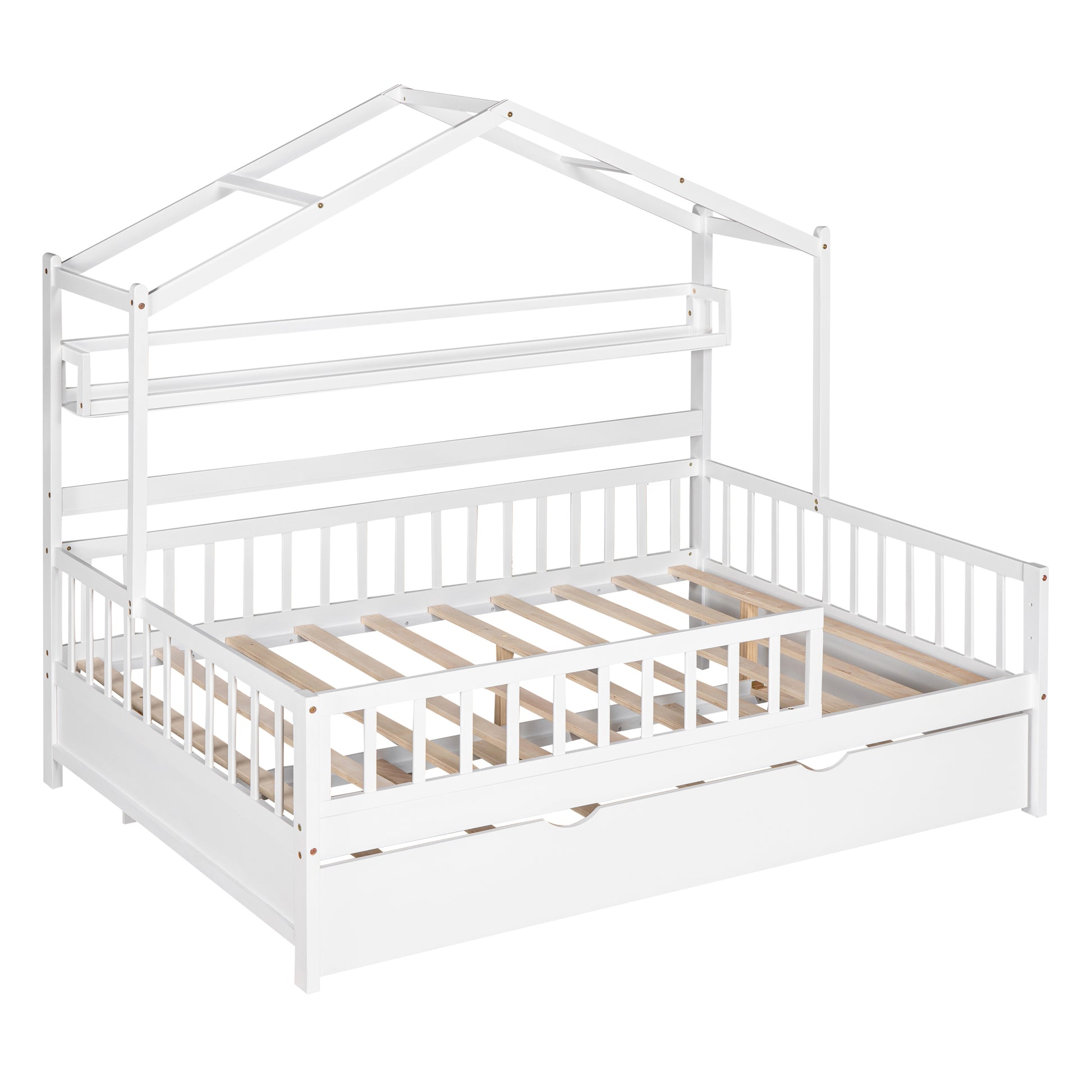 Wooden Full Size House Bed With Twin Size Trundle,Kids Bed With Shelf, White White Solid Wood