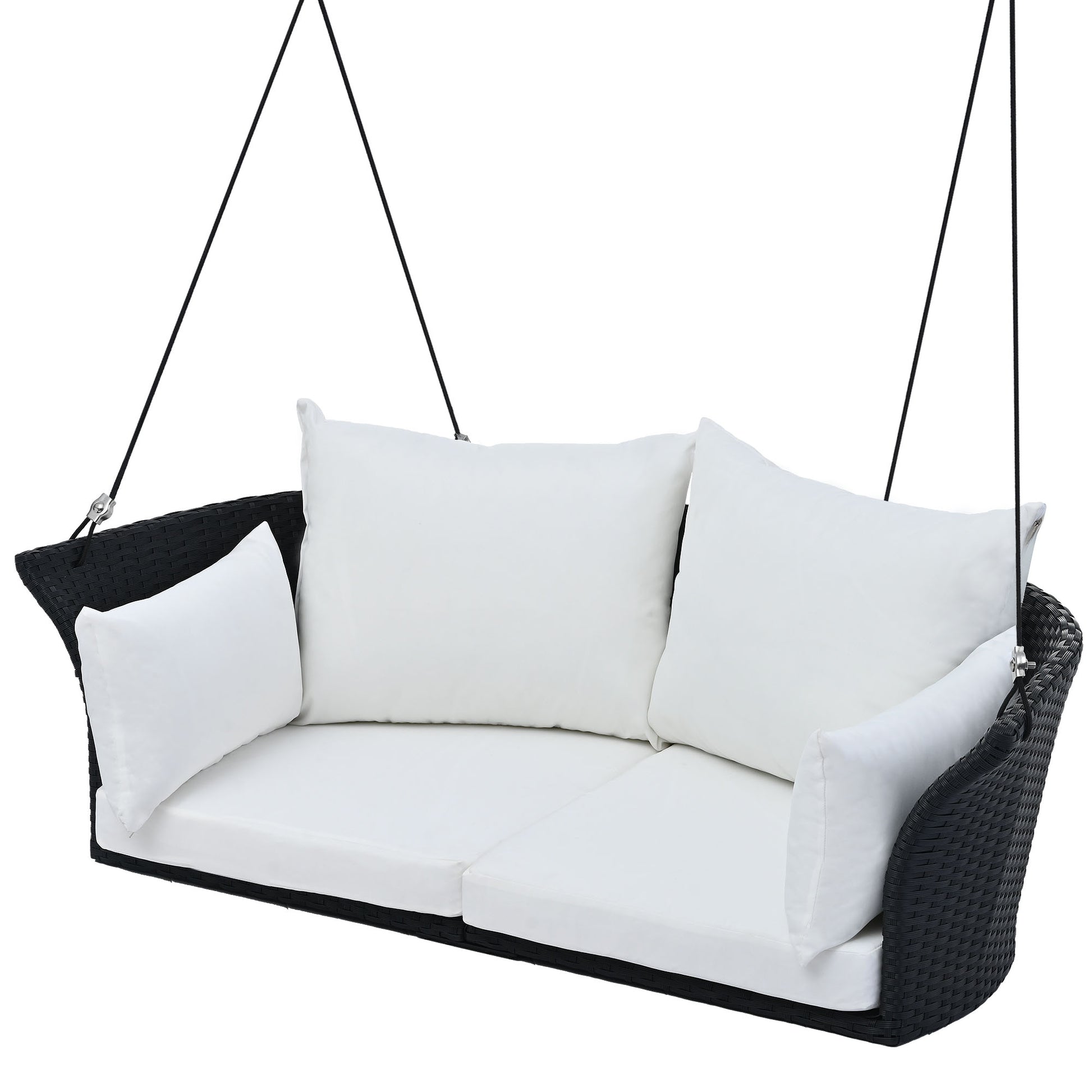 51.9" 2 Person Hanging Seat, Rattan Woven Swing Chair, Porch Swing With Ropes, Black Wicker And White Cushion Yes Black White Seats 2 Garden & Outdoor Wicker