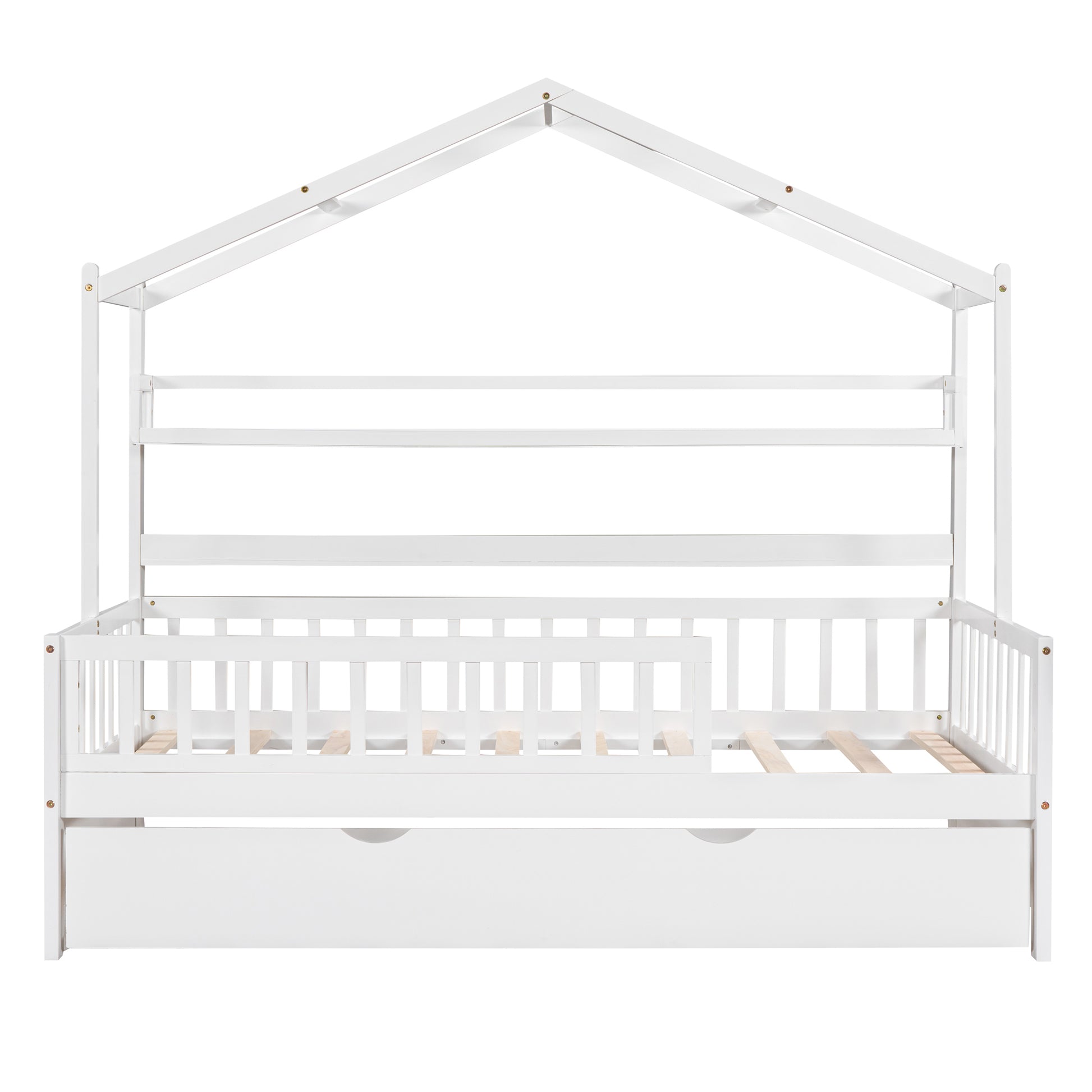 Wooden Twin Size House Bed With Trundle,Kids Bed With Shelf, White White Solid Wood