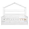 Wooden Full Size House Bed With Twin Size Trundle,Kids Bed With Shelf, White White Solid Wood