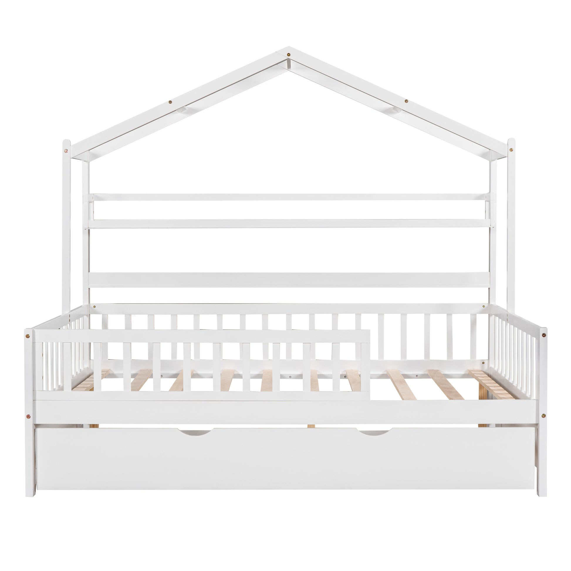 Wooden Full Size House Bed With Twin Size Trundle,Kids Bed With Shelf, White White Solid Wood