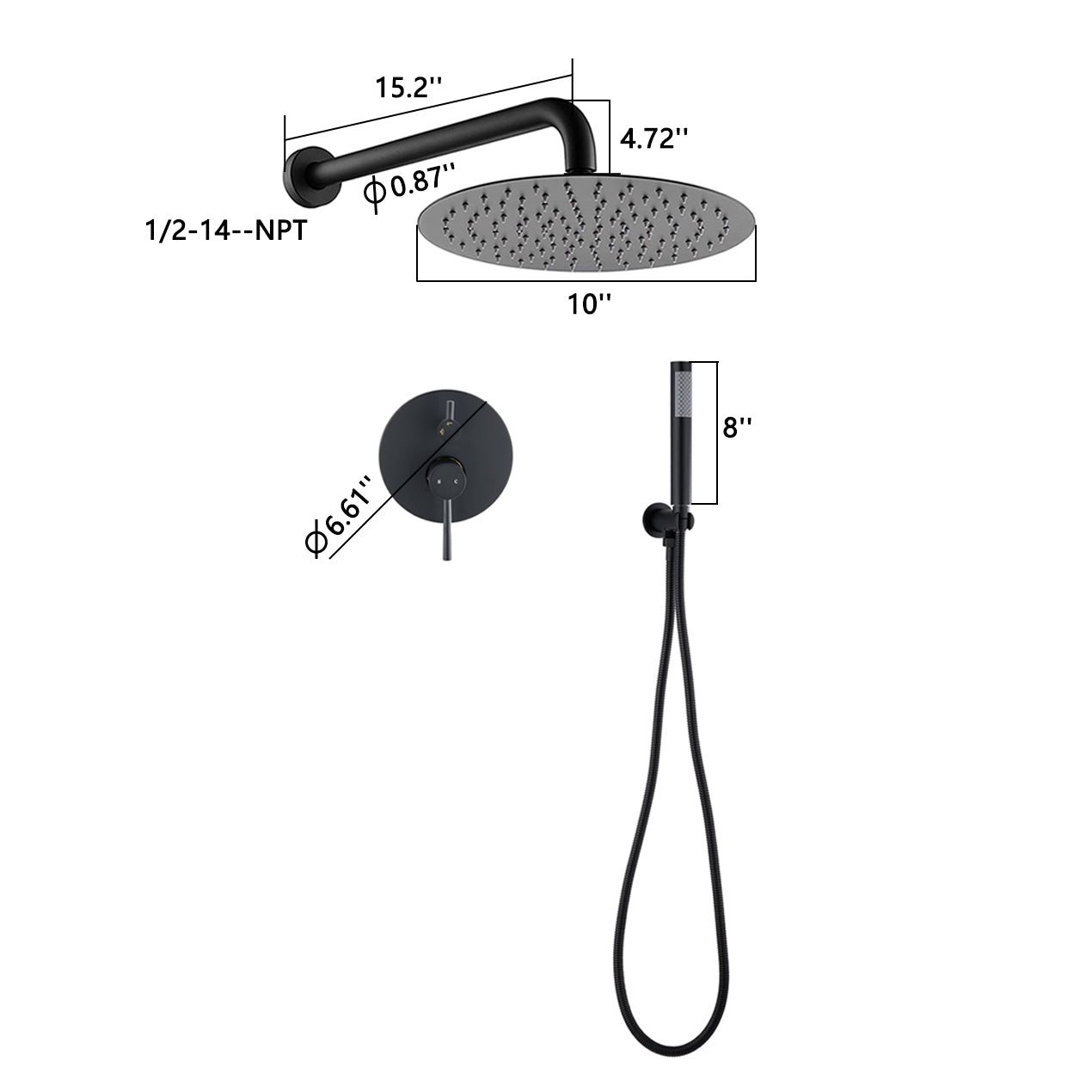 10" Matte Black Roud Rain Shower Head And Handheld Shower Head Set Matte Black Brass