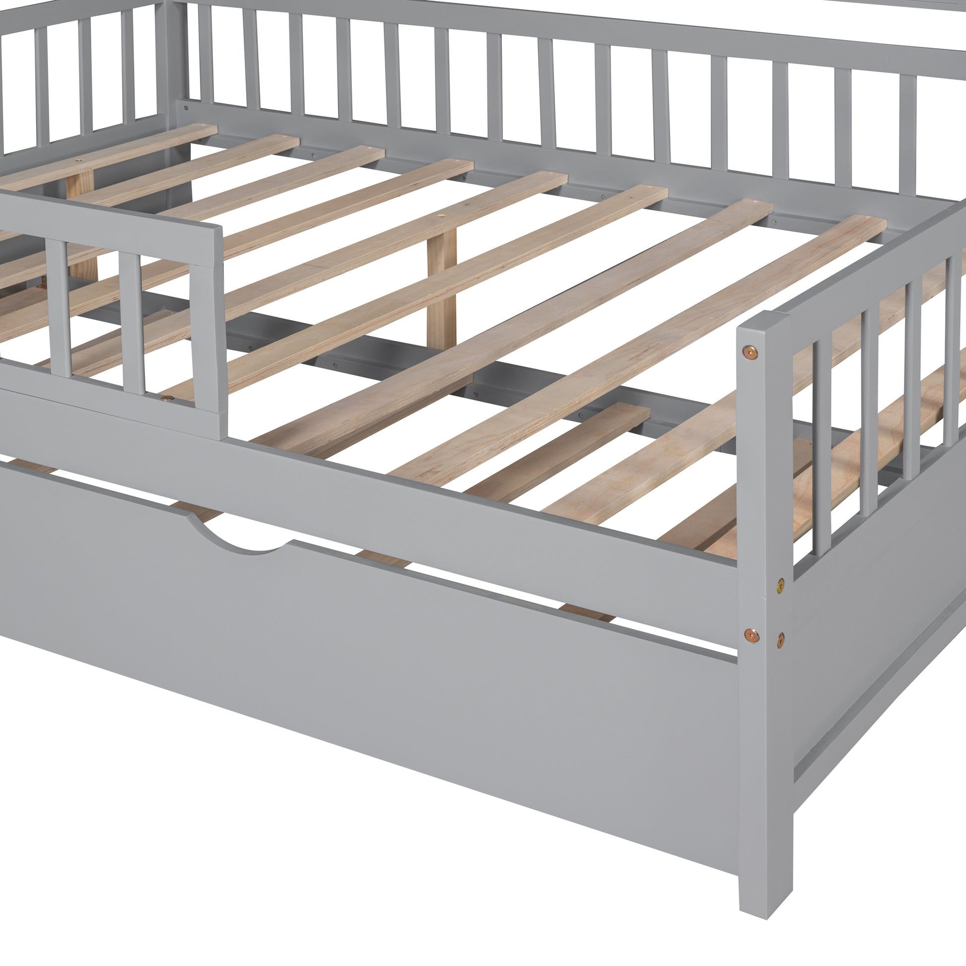 Wooden Full Size House Bed With Twin Size Trundle,Kids Bed With Shelf, Gray Gray Solid Wood