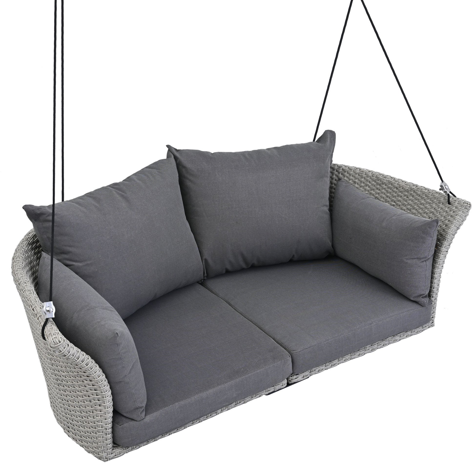 51.9" 2 Person Hanging Seat, Rattan Woven Swing Chair, Porch Swing With Ropes, Gray Wicker And Cushion Yes Gray Garden & Outdoor Wicker