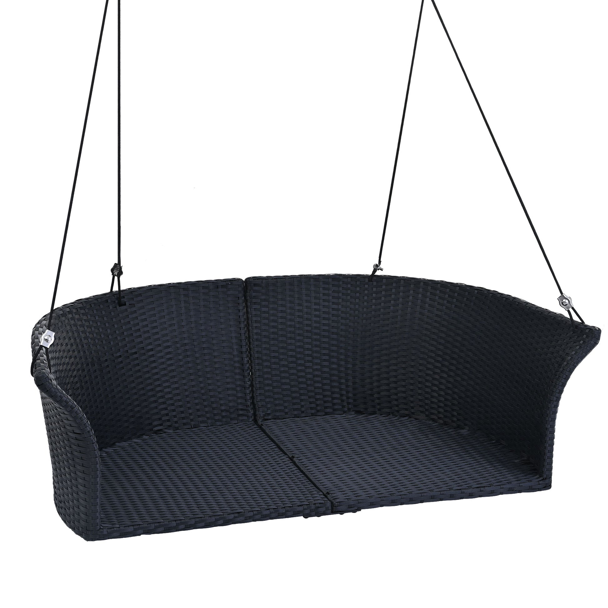 51.9" 2 Person Hanging Seat, Rattan Woven Swing Chair, Porch Swing With Ropes, Black Wicker And White Cushion Yes Black White Seats 2 Garden & Outdoor Wicker