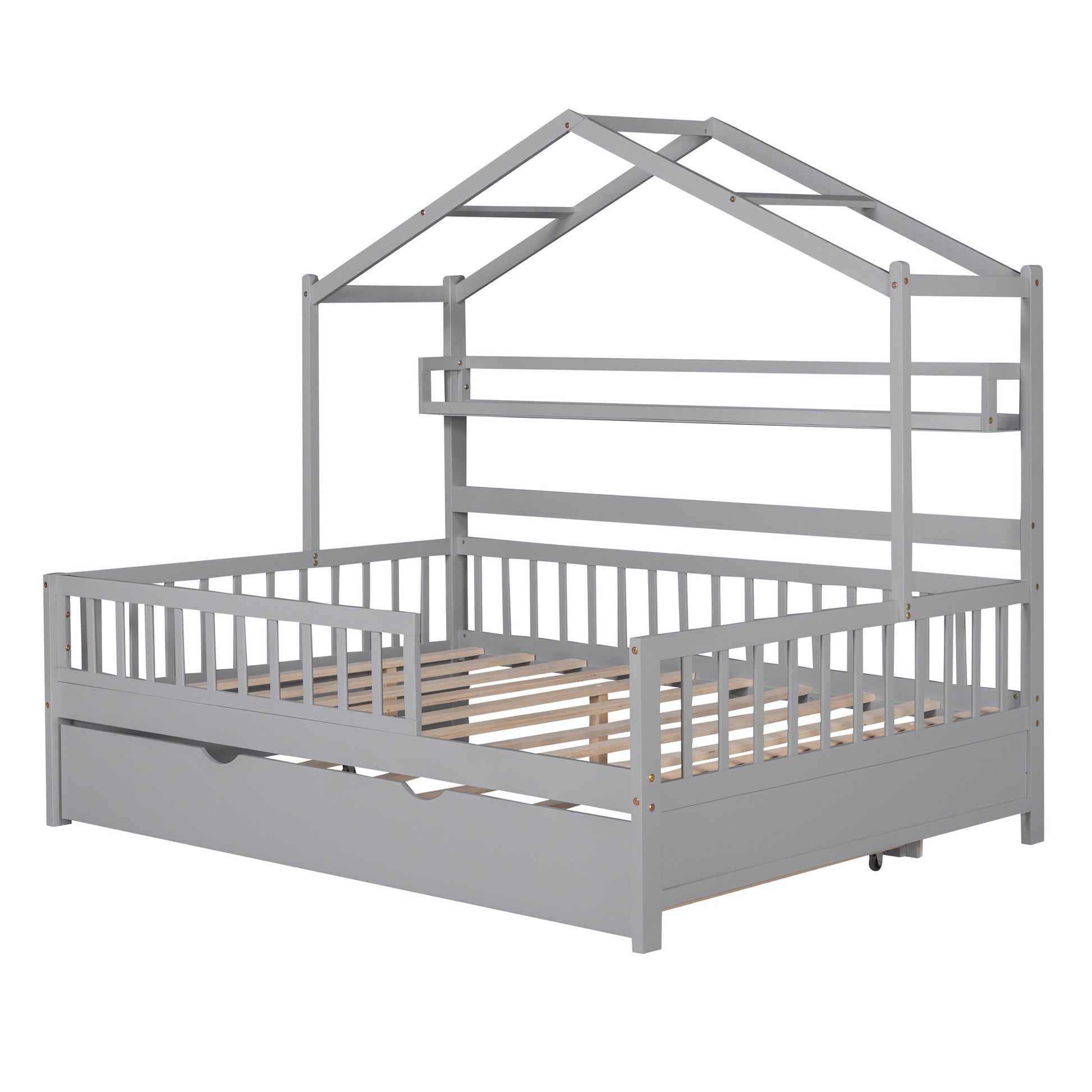 Wooden Full Size House Bed With Twin Size Trundle,Kids Bed With Shelf, Gray Gray Solid Wood