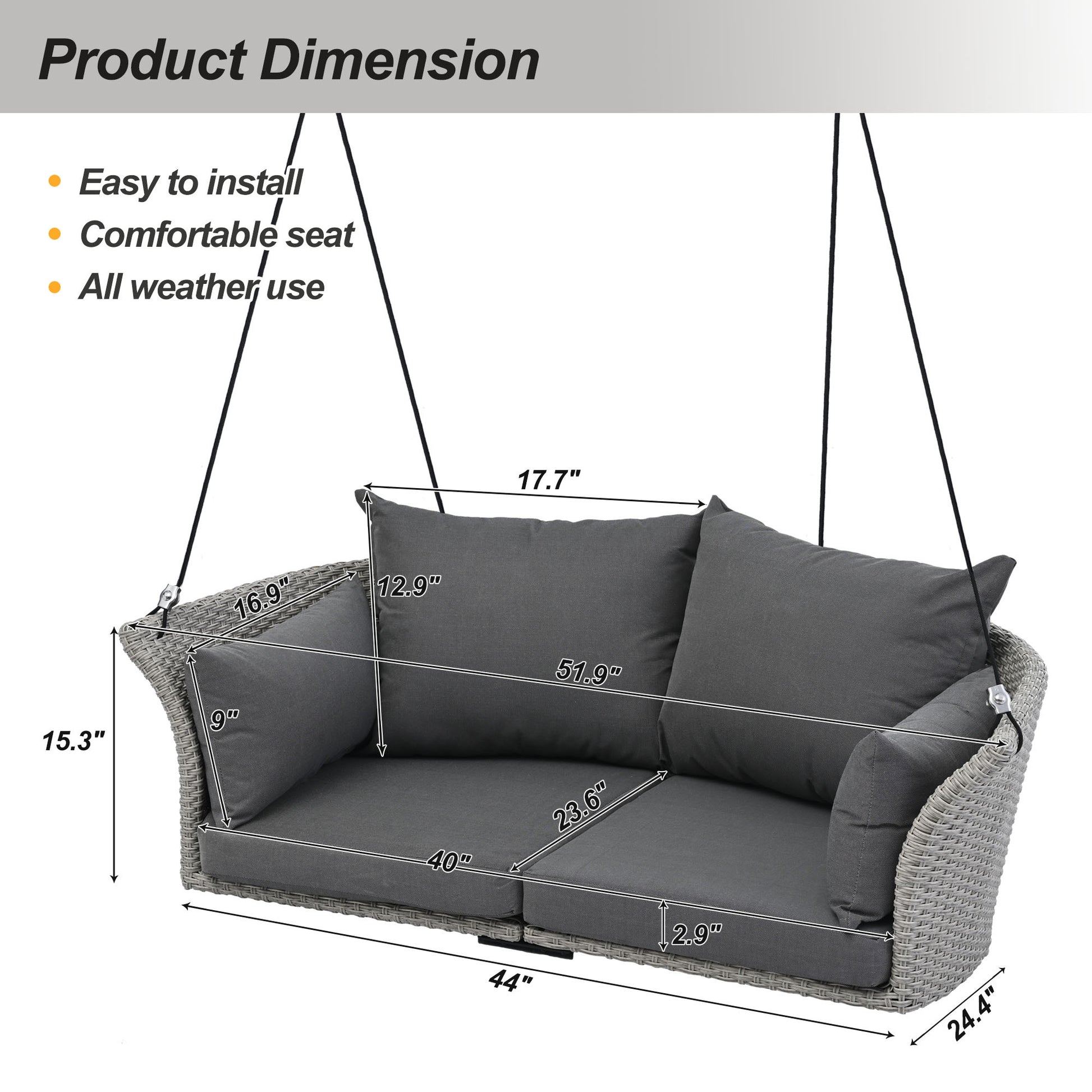 51.9" 2 Person Hanging Seat, Rattan Woven Swing Chair, Porch Swing With Ropes, Gray Wicker And Cushion Yes Gray Garden & Outdoor Wicker