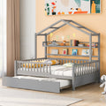 Wooden Full Size House Bed With Twin Size Trundle,Kids Bed With Shelf, Gray Gray Solid Wood