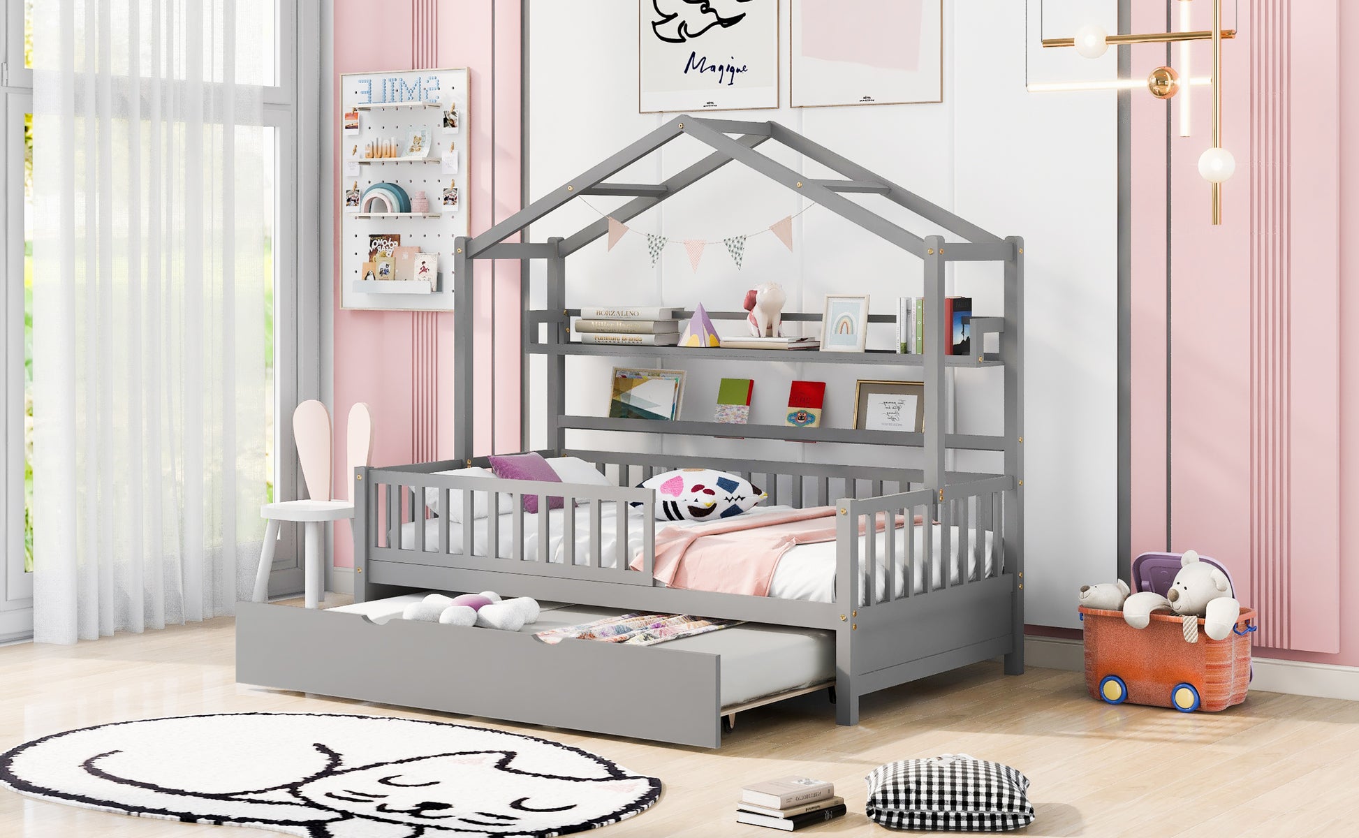 Wooden Twin Size House Bed With Trundle,Kids Bed With Shelf, Gray Twin Gray Solid Wood