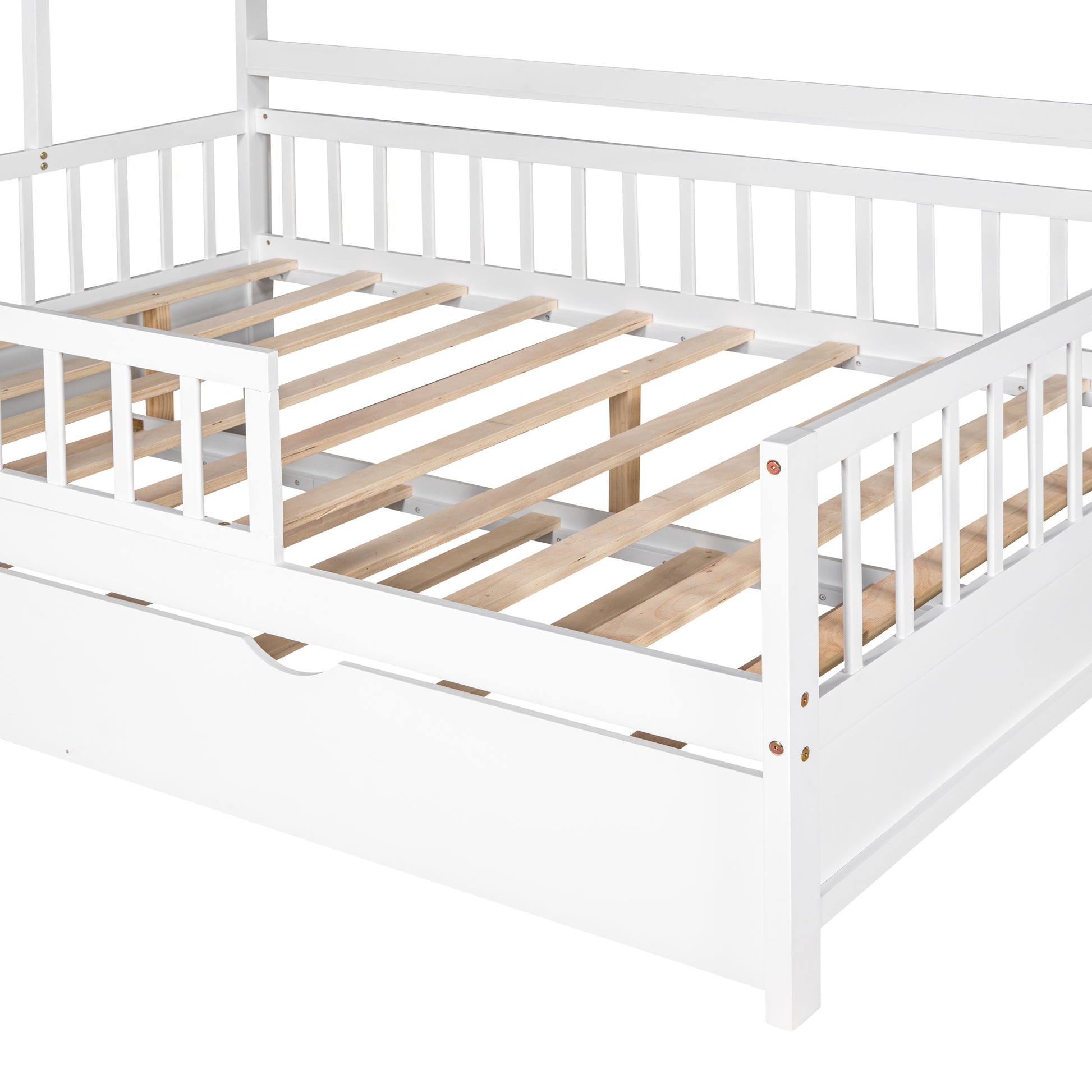 Wooden Full Size House Bed With Twin Size Trundle,Kids Bed With Shelf, White White Solid Wood