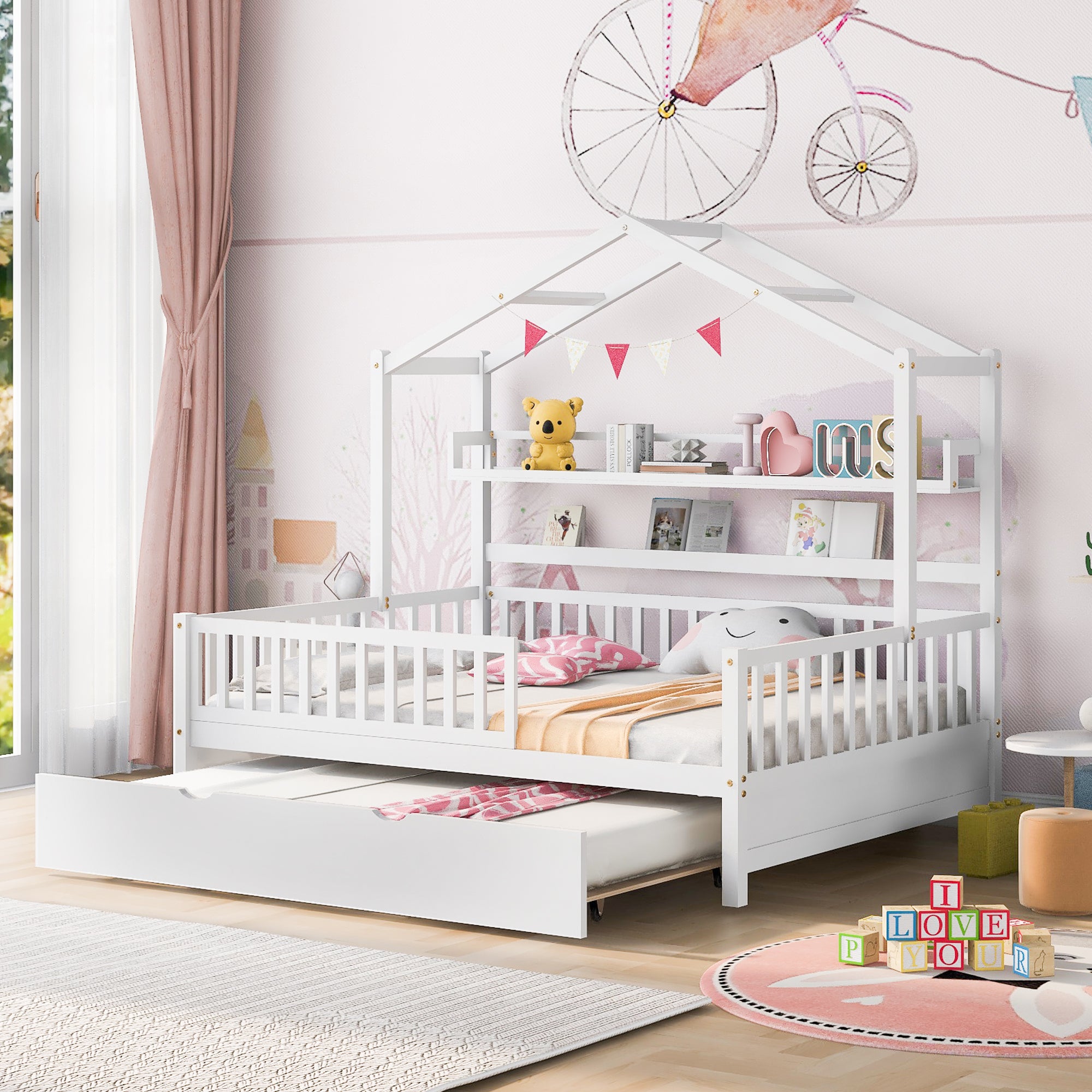 Wooden Full Size House Bed With Twin Size Trundle,Kids Bed With Shelf, White White Solid Wood