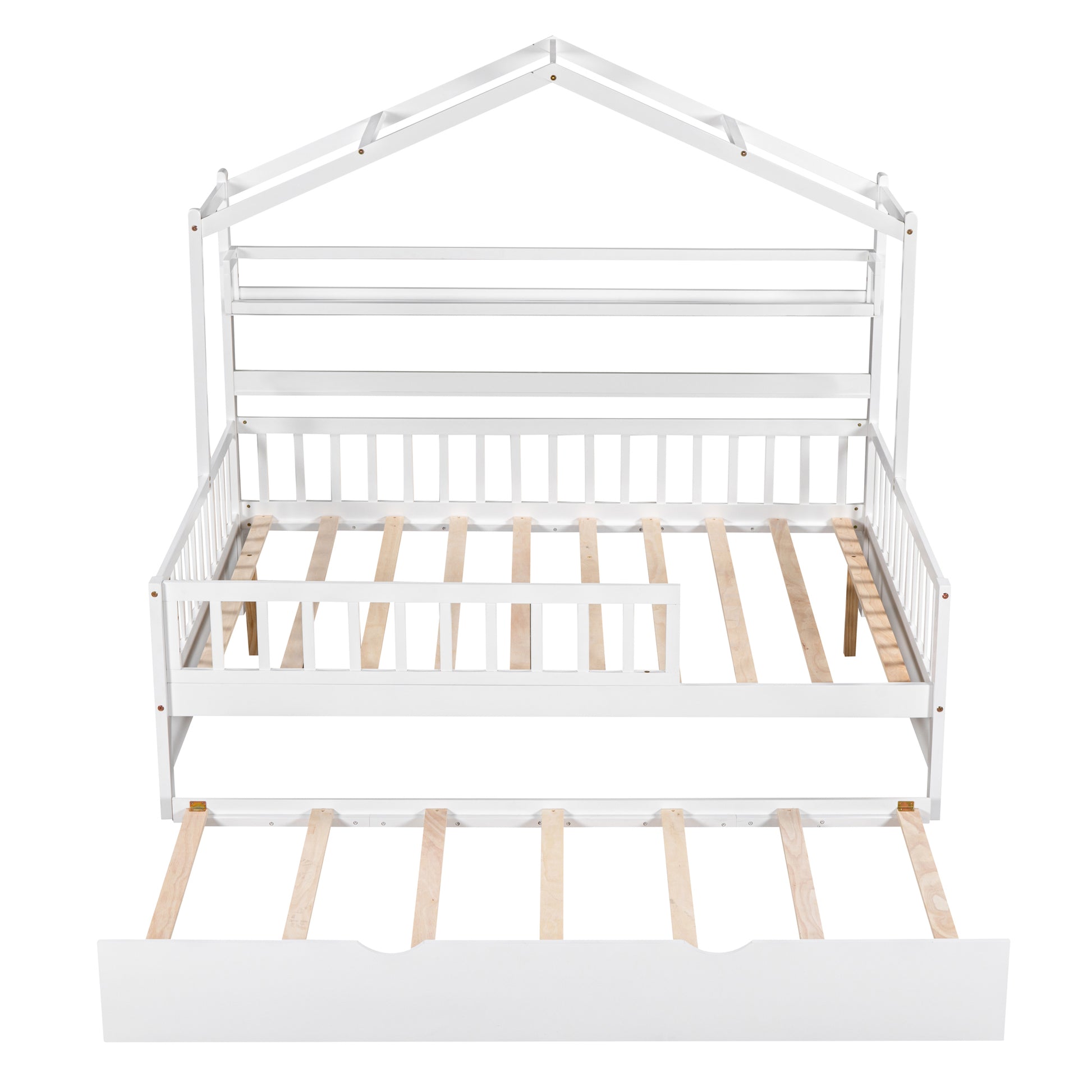 Wooden Full Size House Bed With Twin Size Trundle,Kids Bed With Shelf, White White Solid Wood