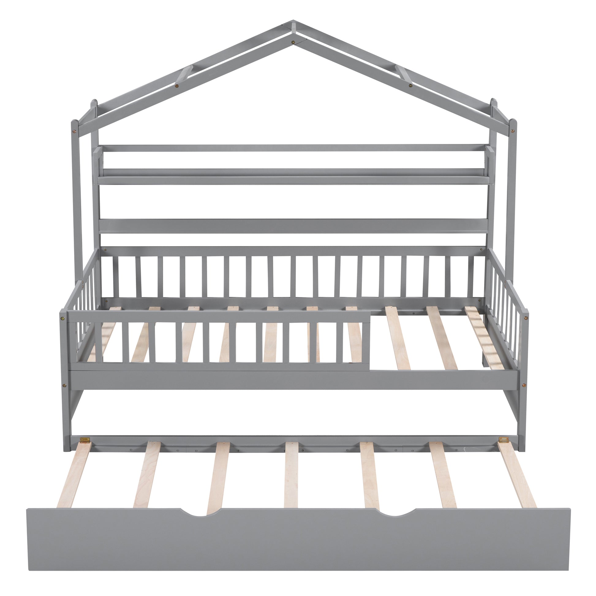 Wooden Twin Size House Bed With Trundle,Kids Bed With Shelf, Gray Twin Gray Solid Wood