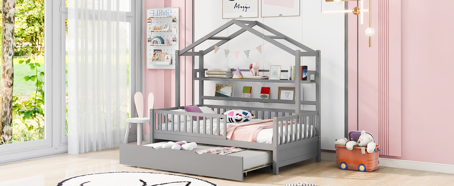 Wooden Twin Size House Bed With Trundle,Kids Bed With Shelf, Gray Twin Gray Solid Wood