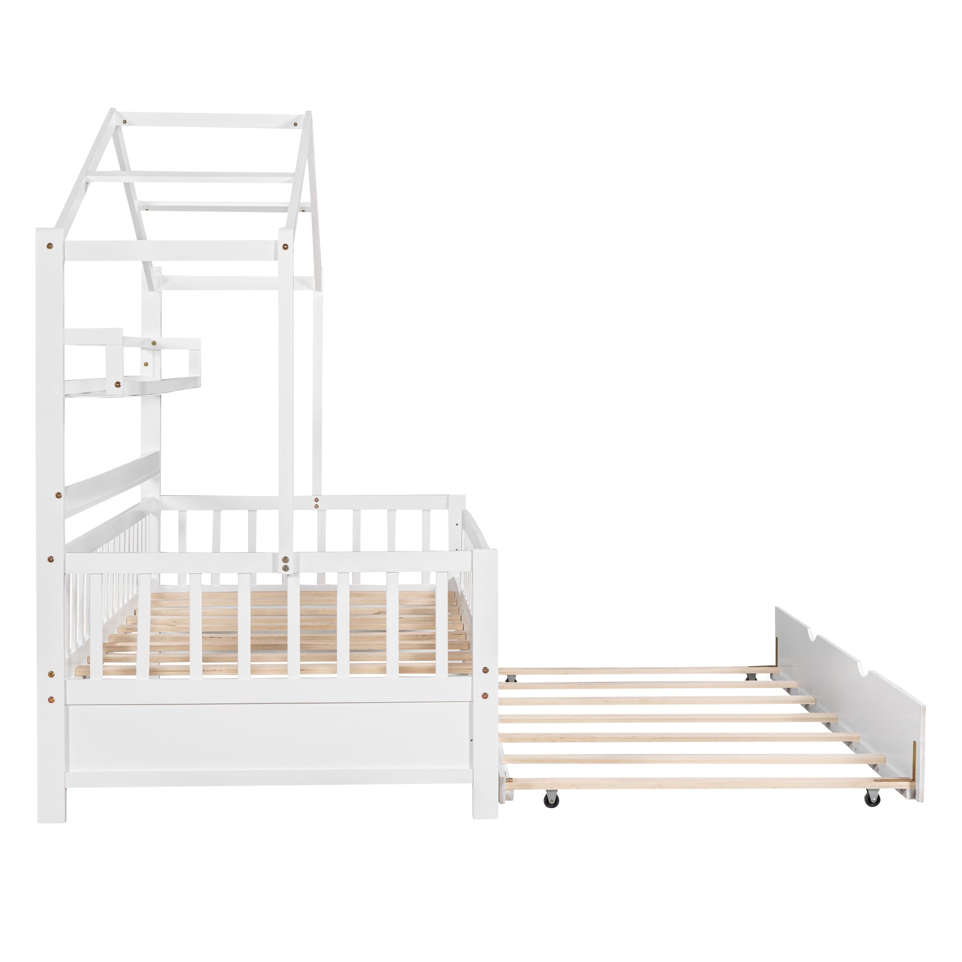 Wooden Twin Size House Bed With Trundle,Kids Bed With Shelf, White White Solid Wood