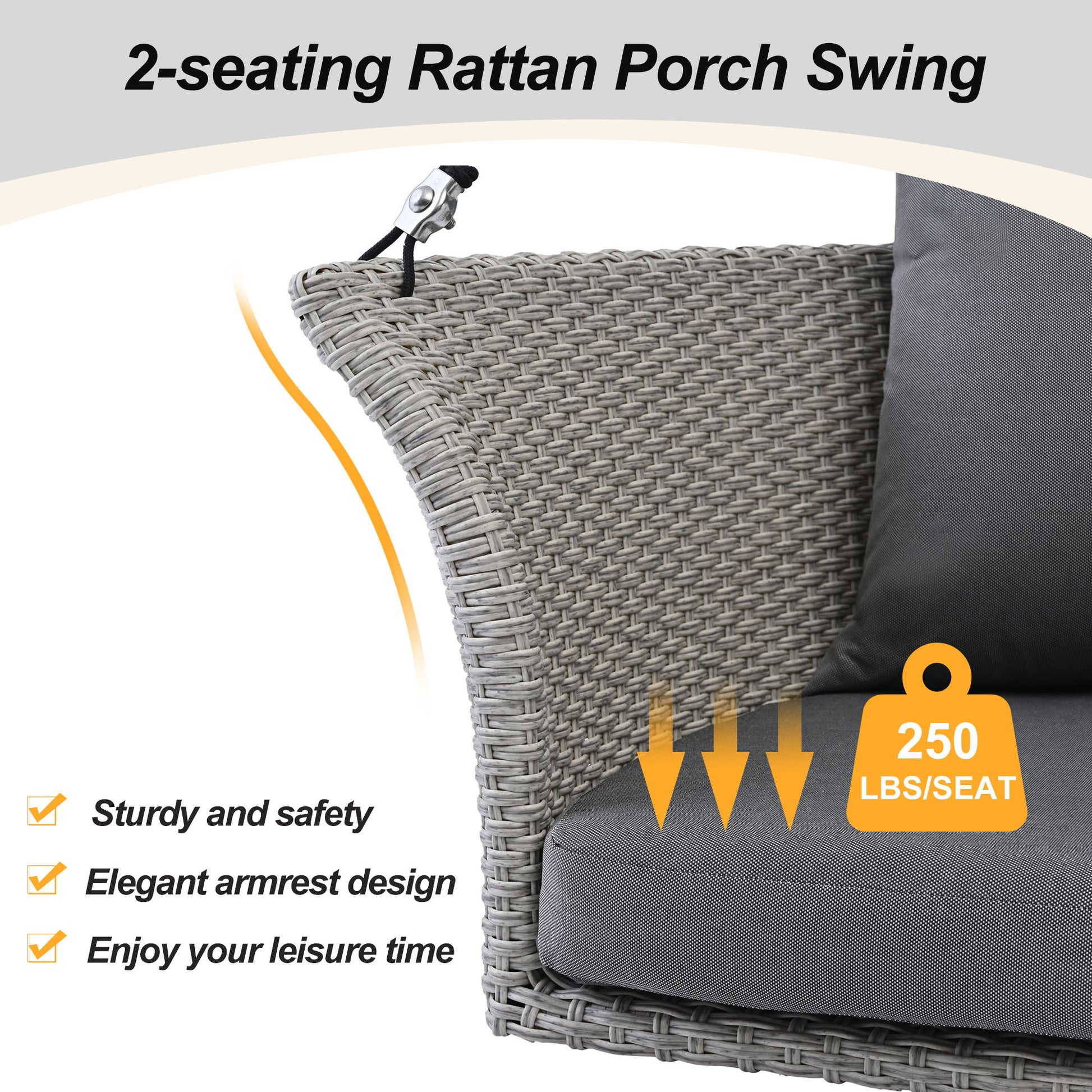 51.9" 2 Person Hanging Seat, Rattan Woven Swing Chair, Porch Swing With Ropes, Gray Wicker And Cushion Yes Gray Garden & Outdoor Wicker