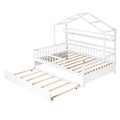 Wooden Full Size House Bed With Twin Size Trundle,Kids Bed With Shelf, White White Solid Wood