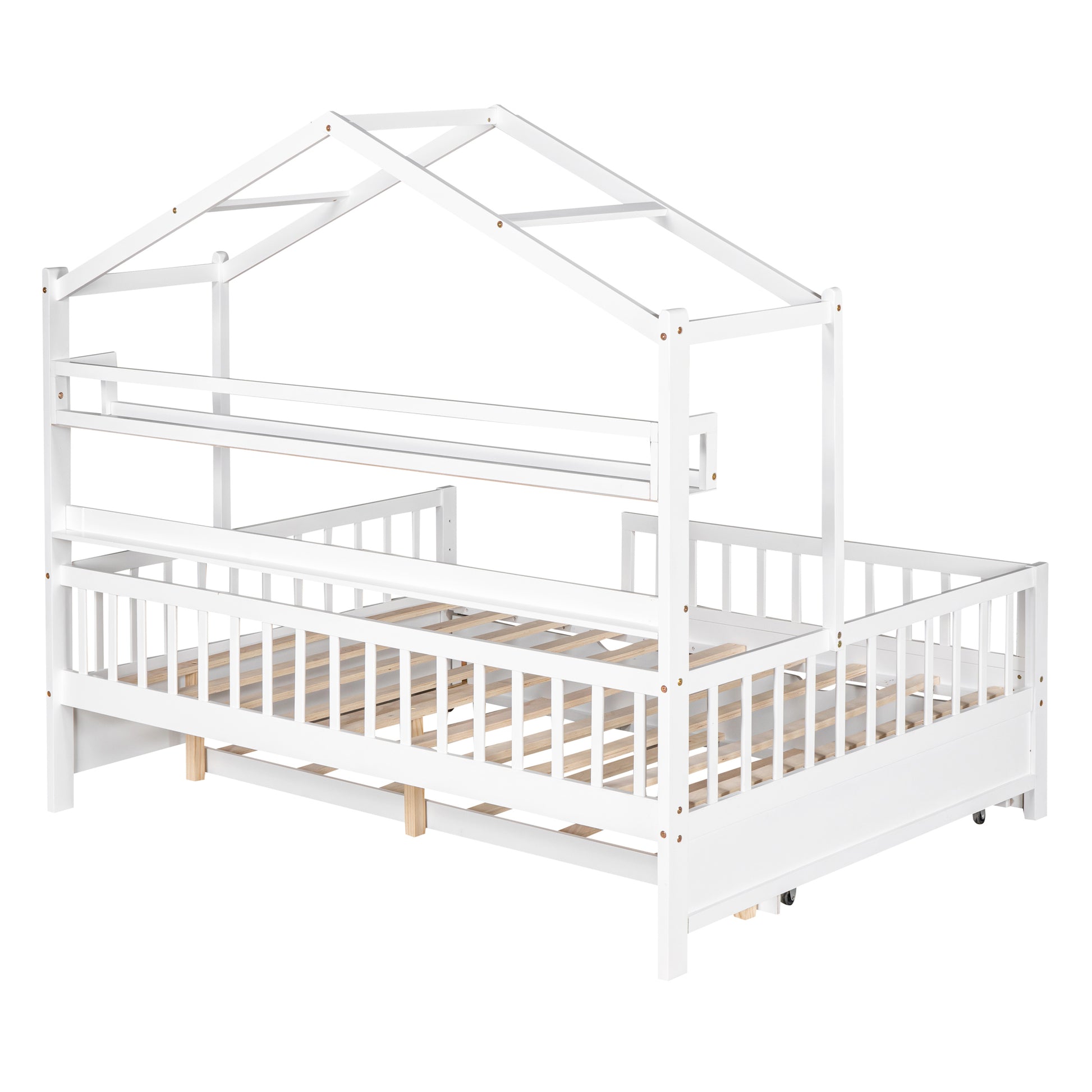 Wooden Full Size House Bed With Twin Size Trundle,Kids Bed With Shelf, White White Solid Wood