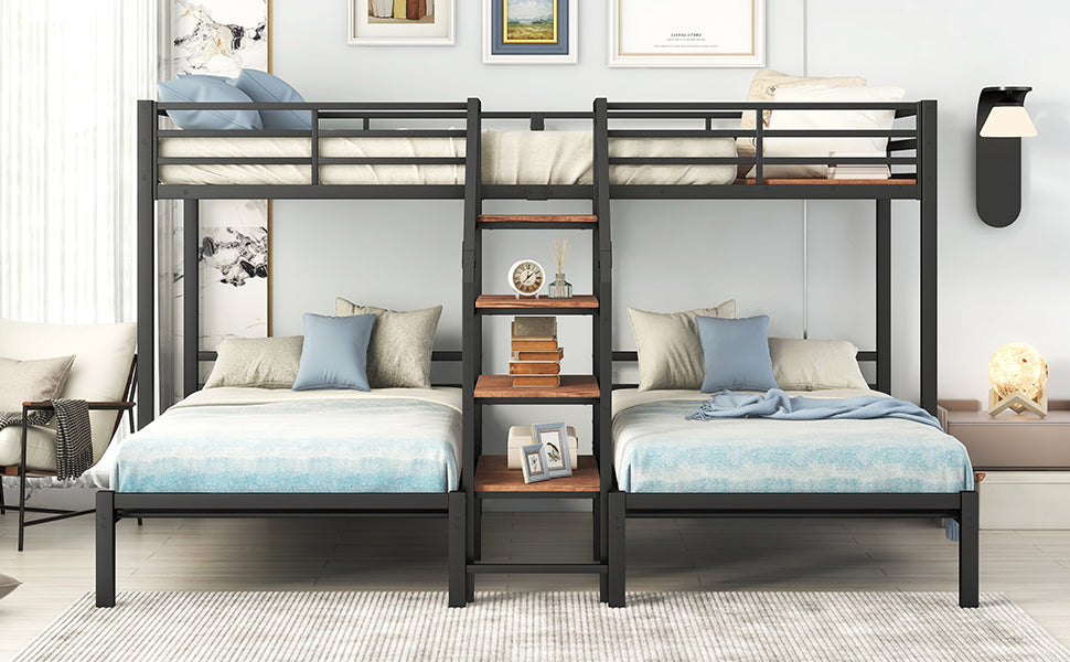 Metal Twin Over Twin & Twin Bunk Bed, Triple Bunk Bed With Storage Shelves Staircase, Black Twin Black Metal & Wood