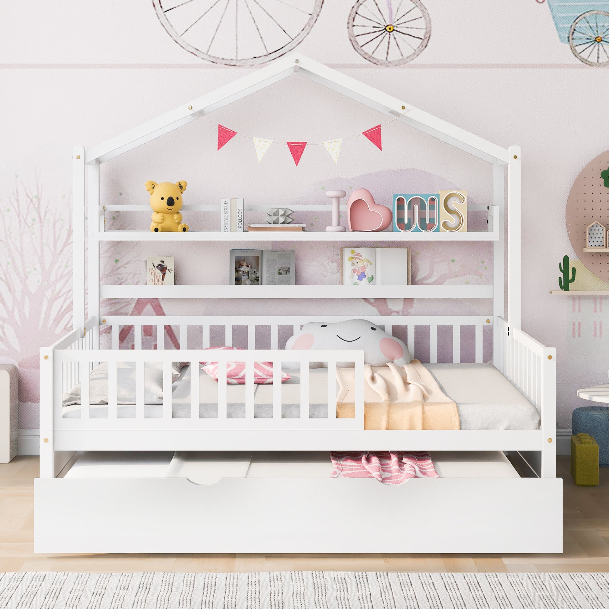 Wooden Full Size House Bed With Twin Size Trundle,Kids Bed With Shelf, White White Solid Wood