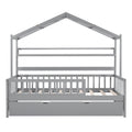 Wooden Twin Size House Bed With Trundle,Kids Bed With Shelf, Gray Twin Gray Solid Wood