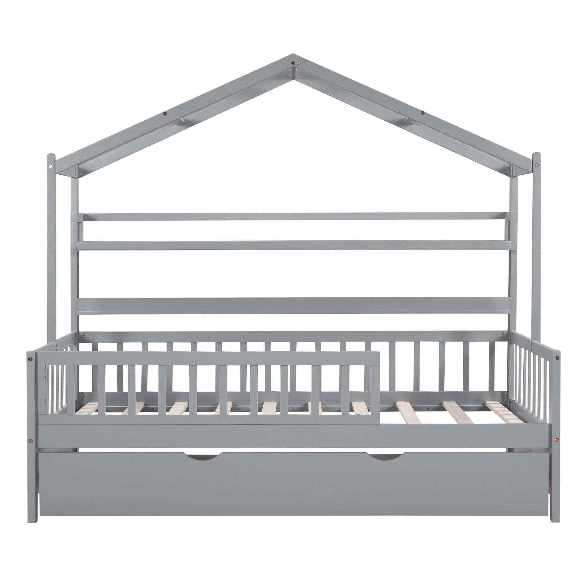 Wooden Twin Size House Bed With Trundle,Kids Bed With Shelf, Gray Twin Gray Solid Wood