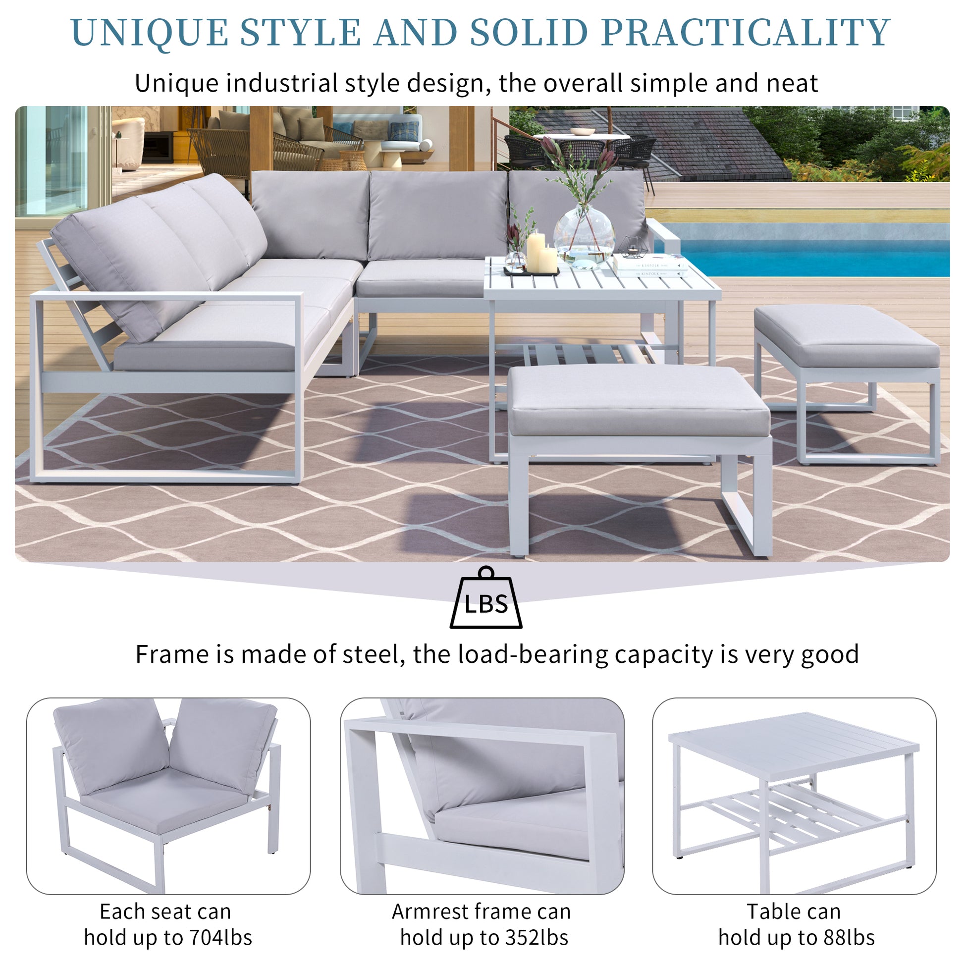 Not Allowed To Sell To Industrial Style Outdoor Sofa Combination Set With 2 Beautiful Sofa,1 Single Sofa,1 Table,2 Bench White Steel