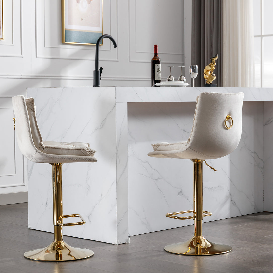 Set Of 2 Bar Stools,With Chrome Footrest And Base Swivel Height Adjustable Mechanical Lifting Velvet Golden Leg Simple Bar Stoo,Cream Cream Foam Fabric