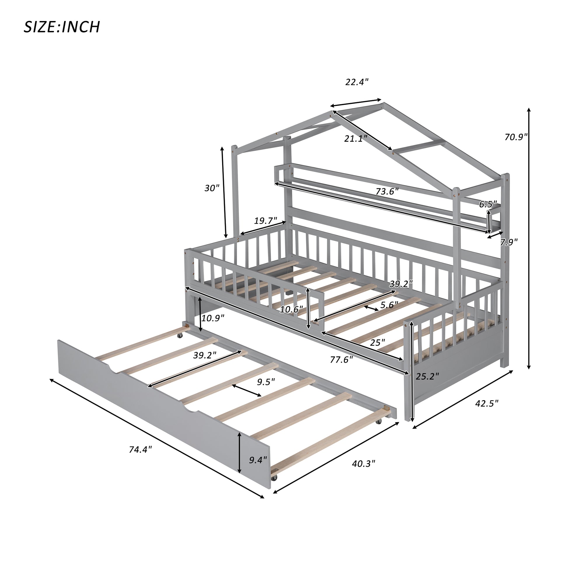 Wooden Twin Size House Bed With Trundle,Kids Bed With Shelf, Gray Twin Gray Solid Wood