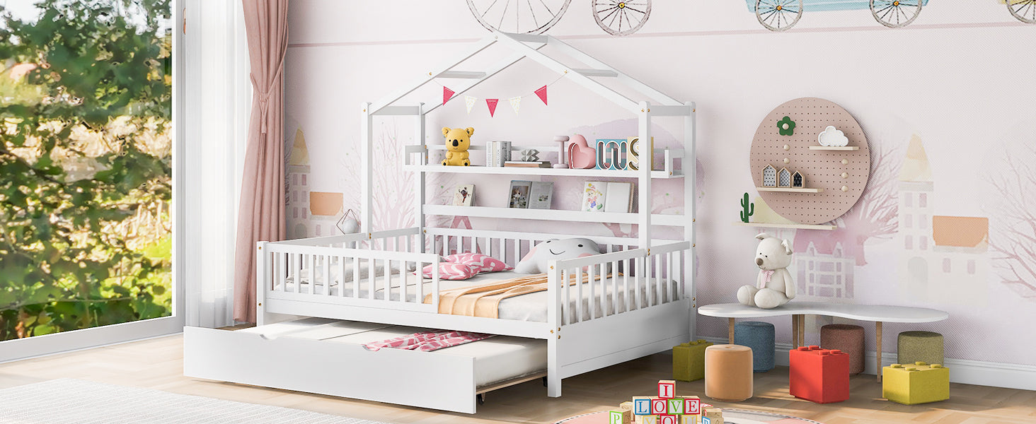 Wooden Full Size House Bed With Twin Size Trundle,Kids Bed With Shelf, White White Solid Wood