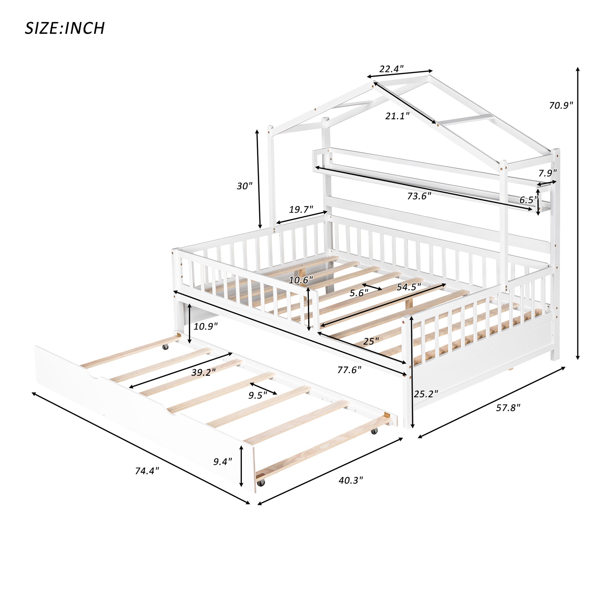 Wooden Full Size House Bed With Twin Size Trundle,Kids Bed With Shelf, White White Solid Wood