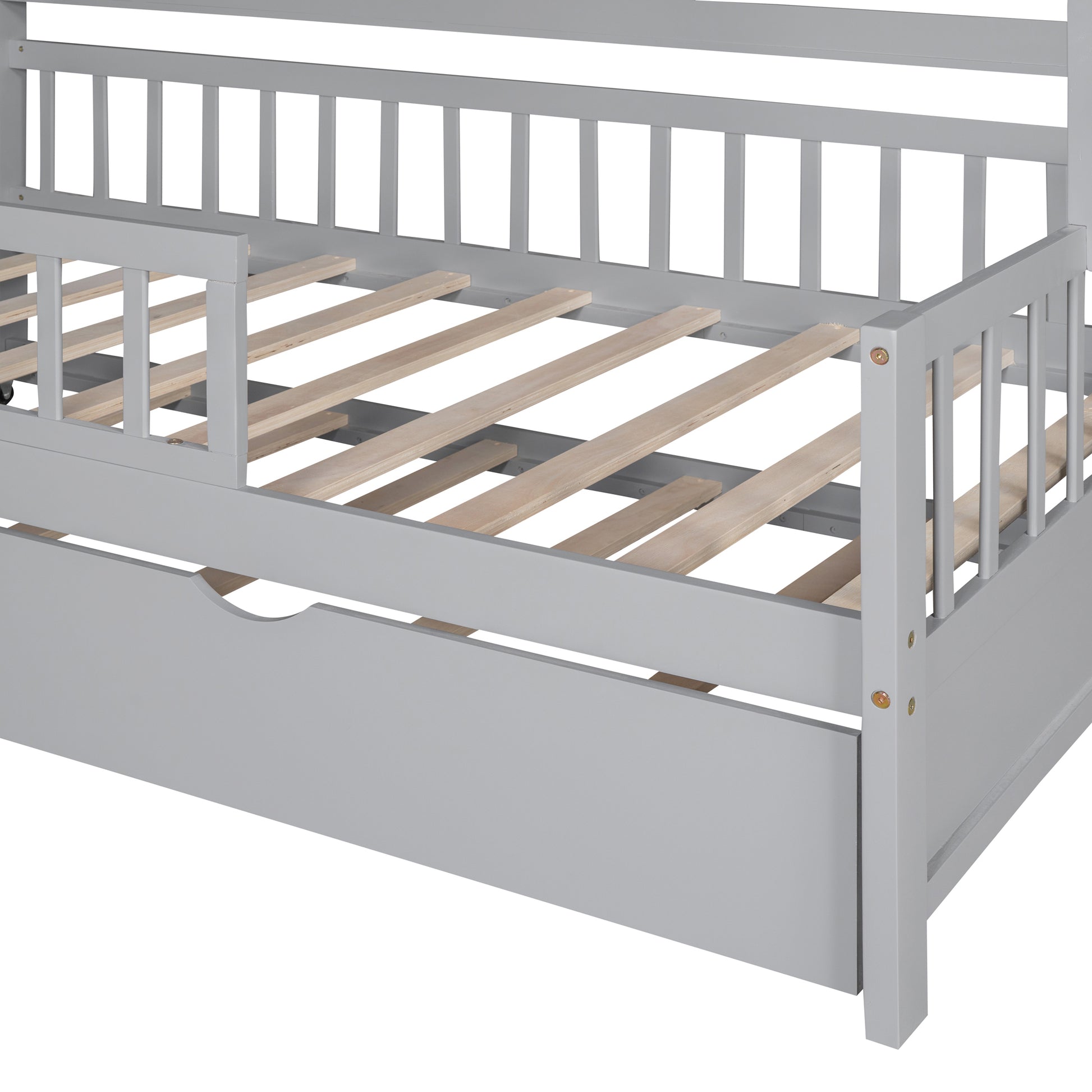 Wooden Twin Size House Bed With Trundle,Kids Bed With Shelf, Gray Twin Gray Solid Wood