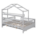 Wooden Full Size House Bed With Twin Size Trundle,Kids Bed With Shelf, Gray Gray Solid Wood