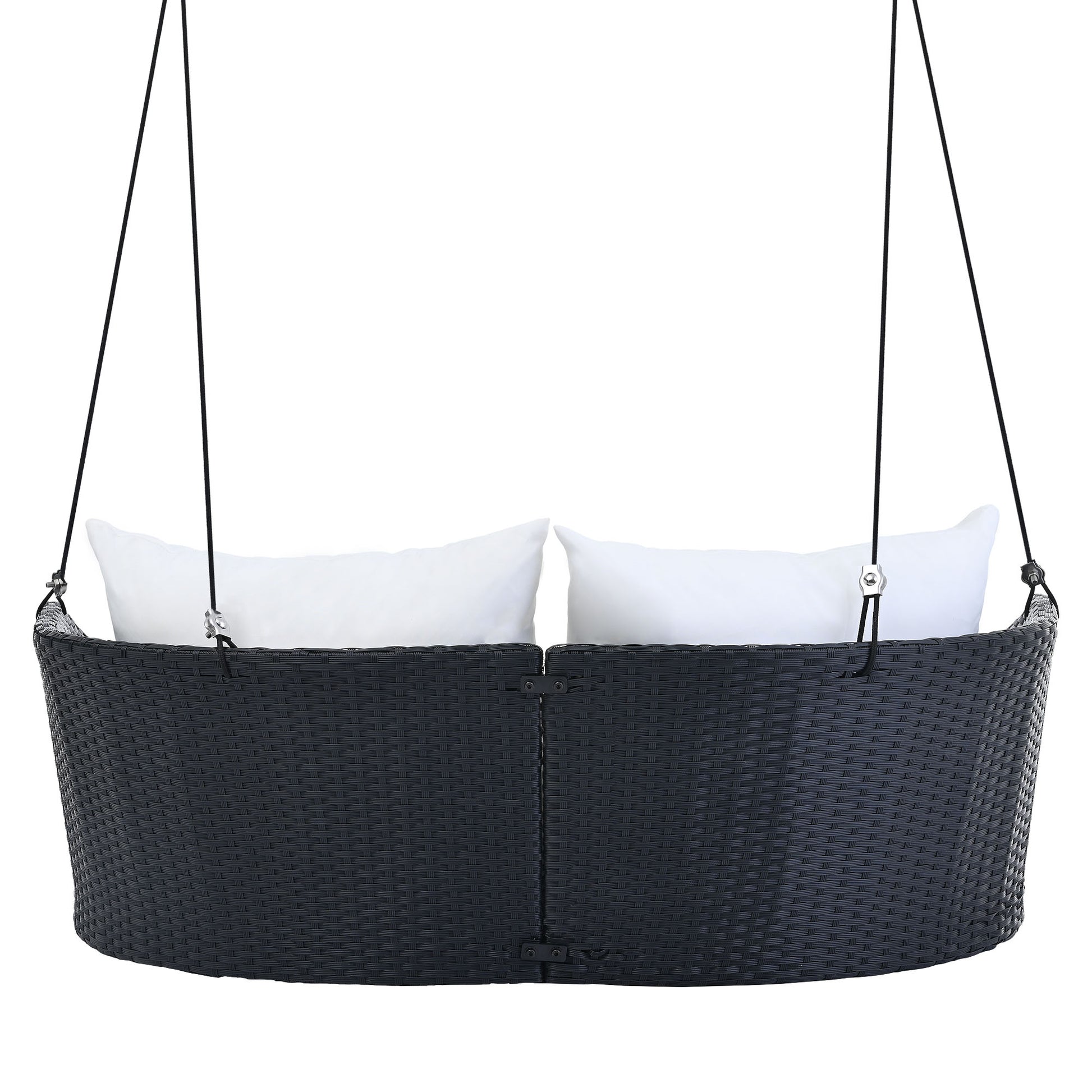 51.9" 2 Person Hanging Seat, Rattan Woven Swing Chair, Porch Swing With Ropes, Black Wicker And White Cushion Yes Black White Seats 2 Garden & Outdoor Wicker